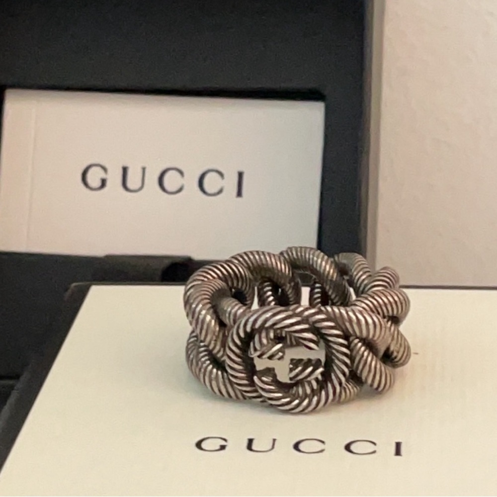GUCCI UNISEX INTERLOCKING G GOURMETTE STERLING SILVER RING AUTHENTIC πππ - Picture 8 of 15